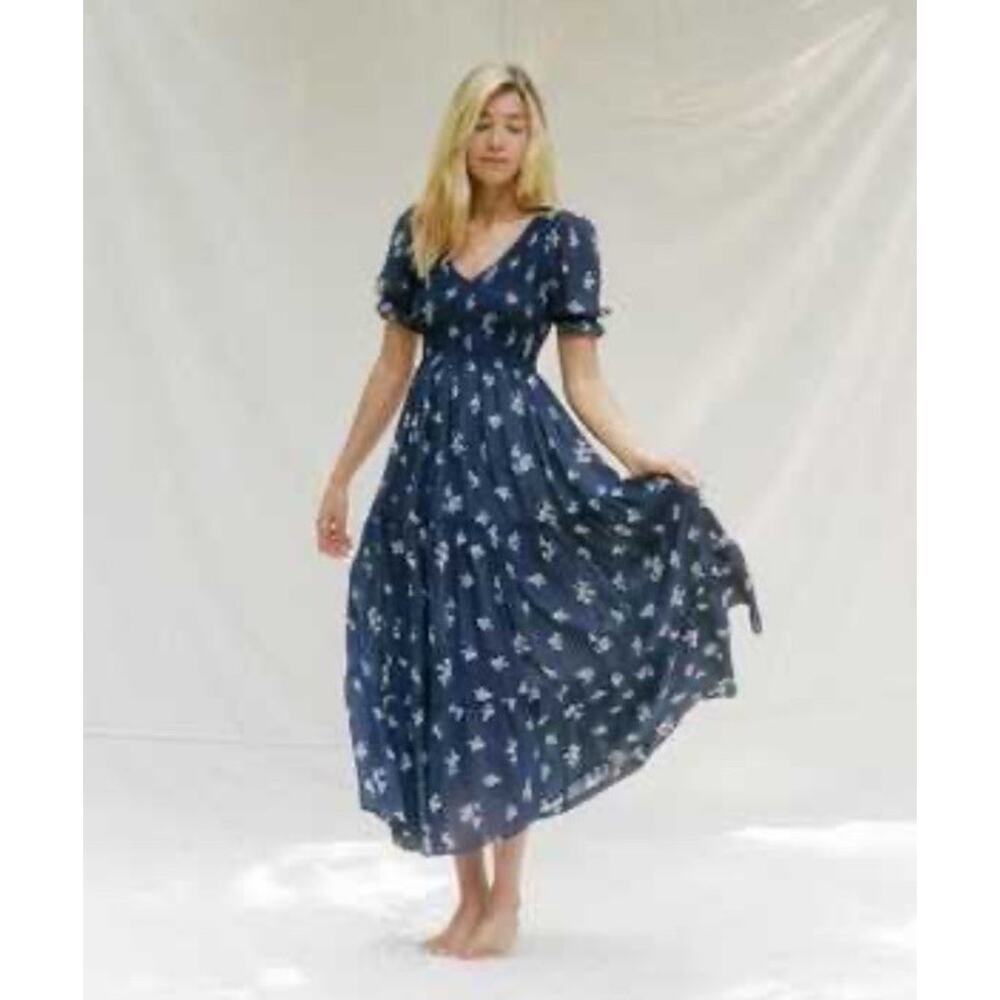 Christy Dawn Beverly Dress Blue Floral Midi Cottagecore Size M - Picture 3 of 10